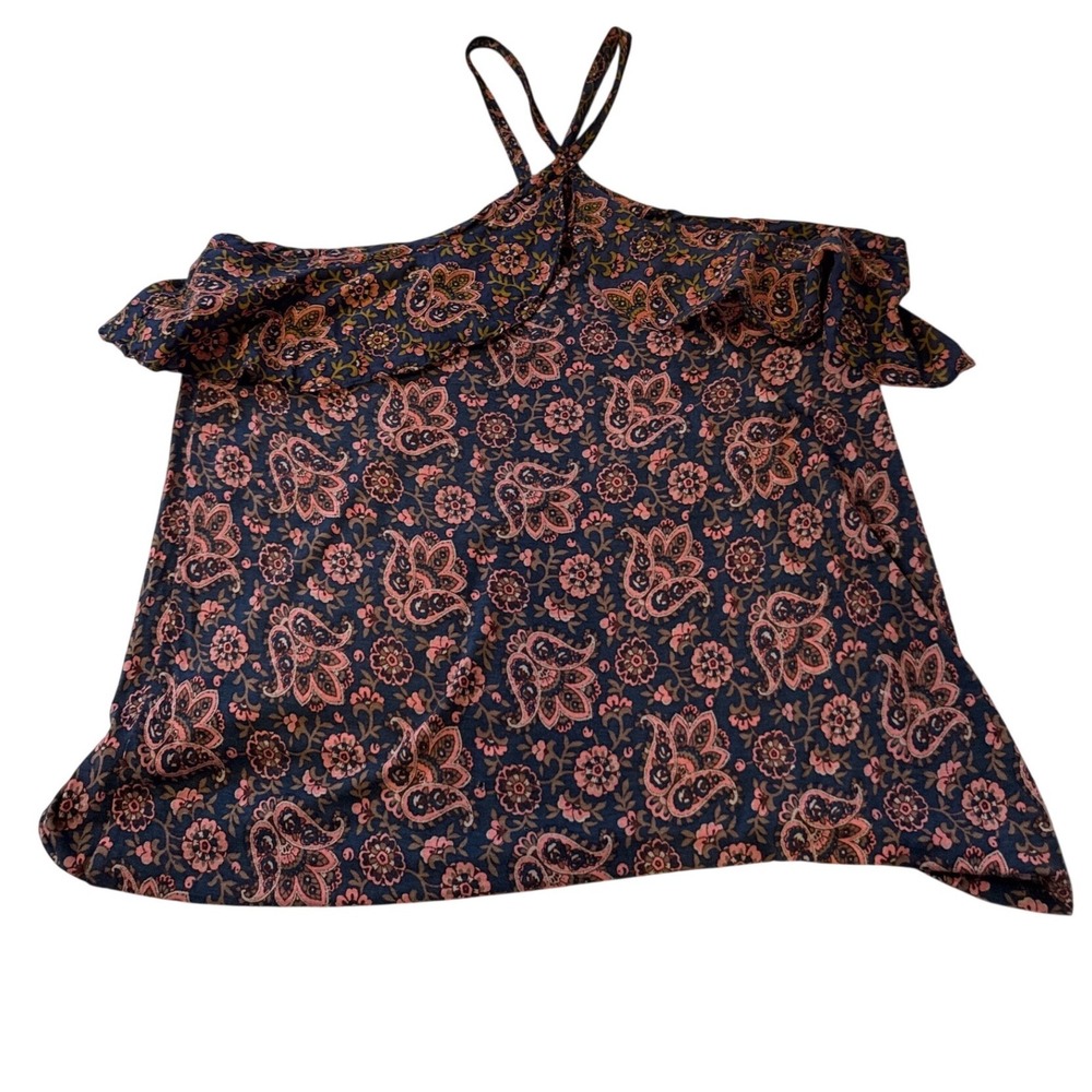 LOFT Womens Navy Pink Paisley Floral Ruffle Halter Keyhole Top Size M 440080